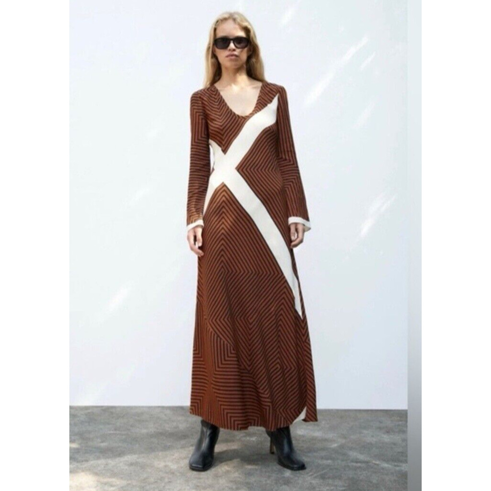 Zara Brown and White Geometric Maxi Dress